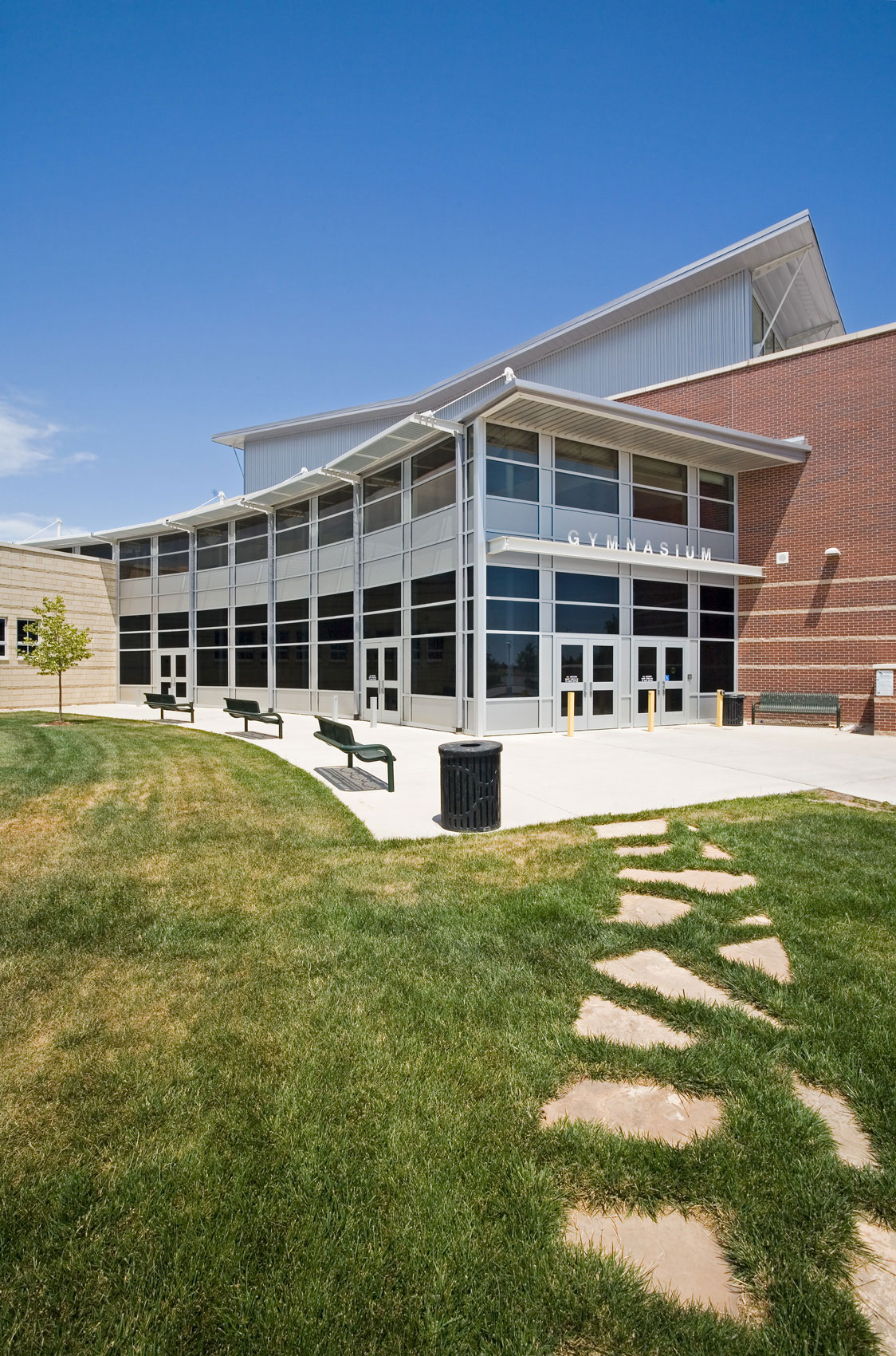 Vertical photo of the main entrance Fossil Ridge High School