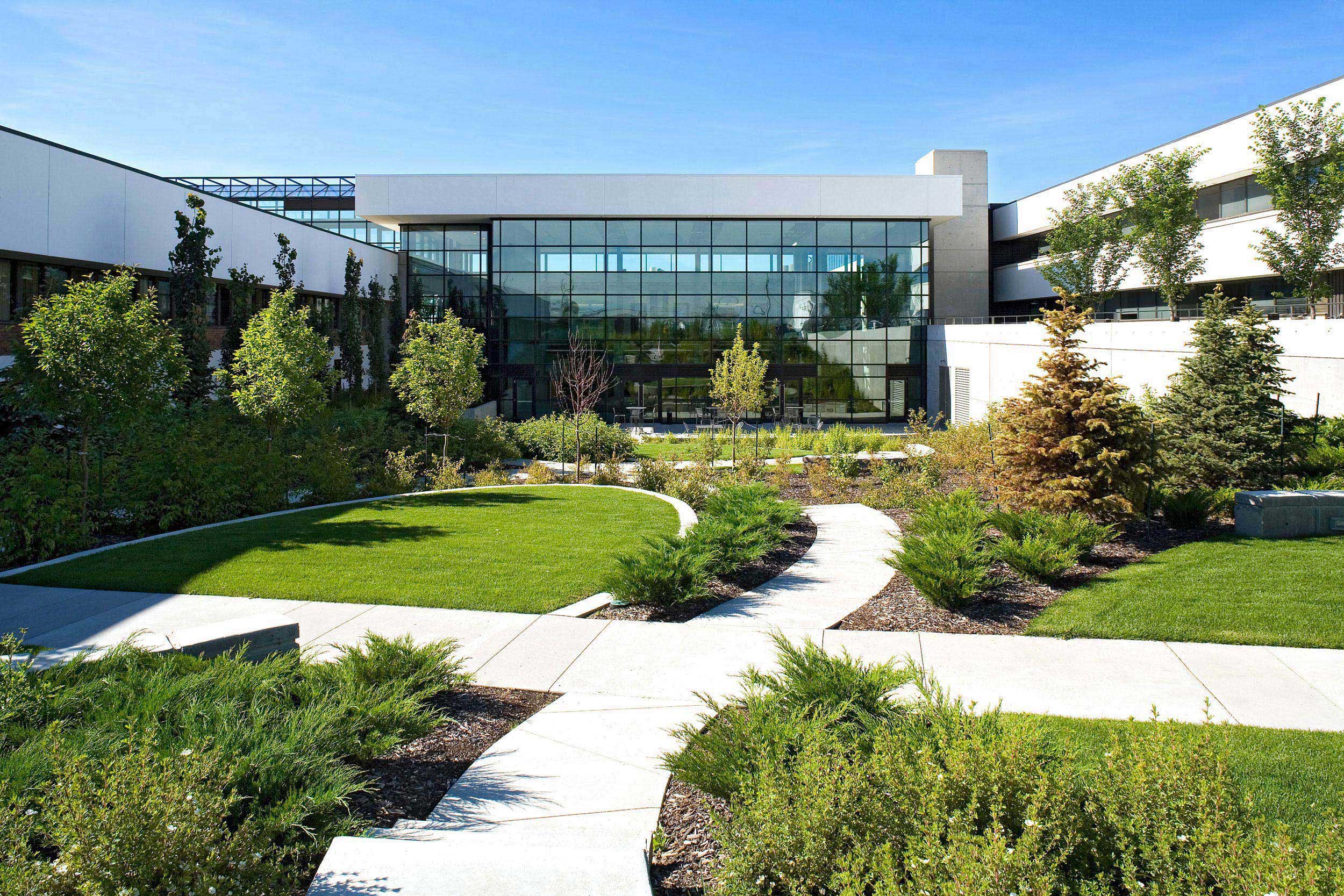 Lush garden courtyard of PCL Construction Headquarters in Edmonton, Alberta, Canada