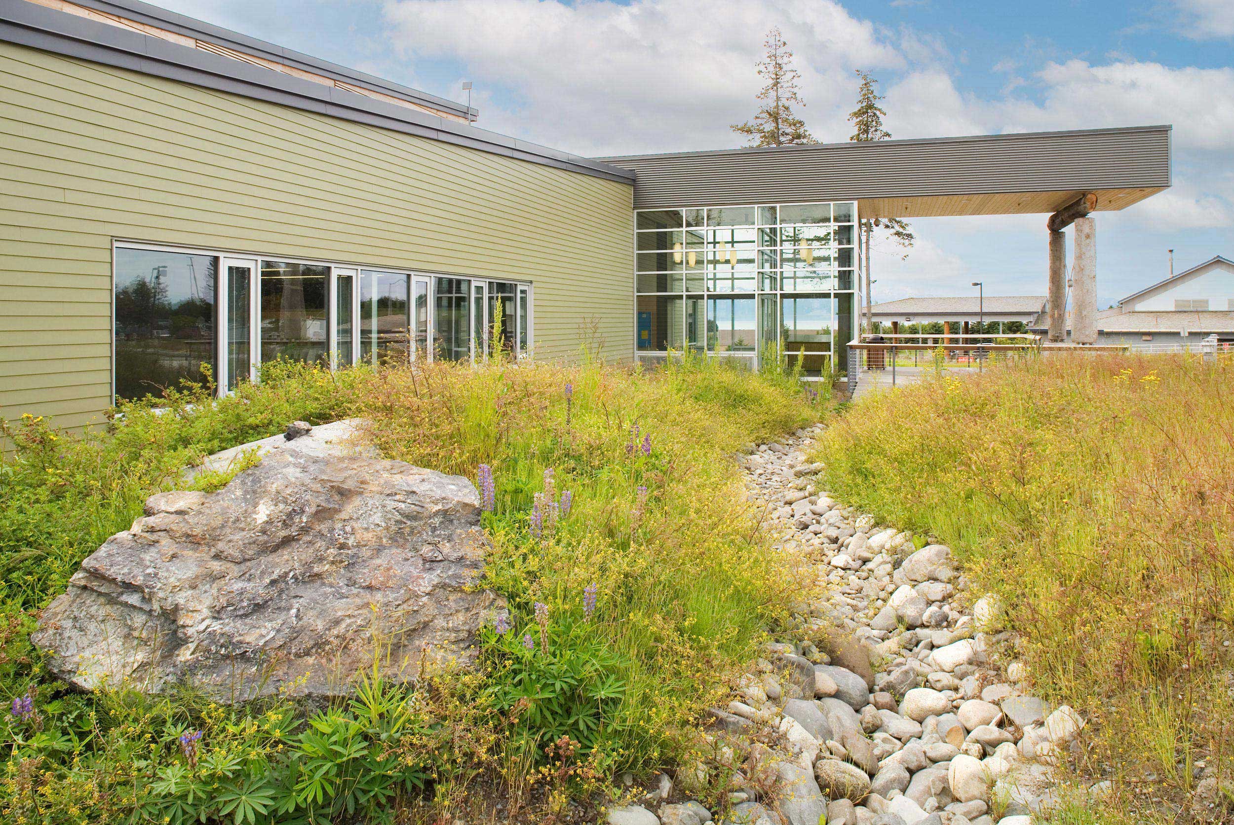 Photograph of the stunning green library in Homer, Alaska
