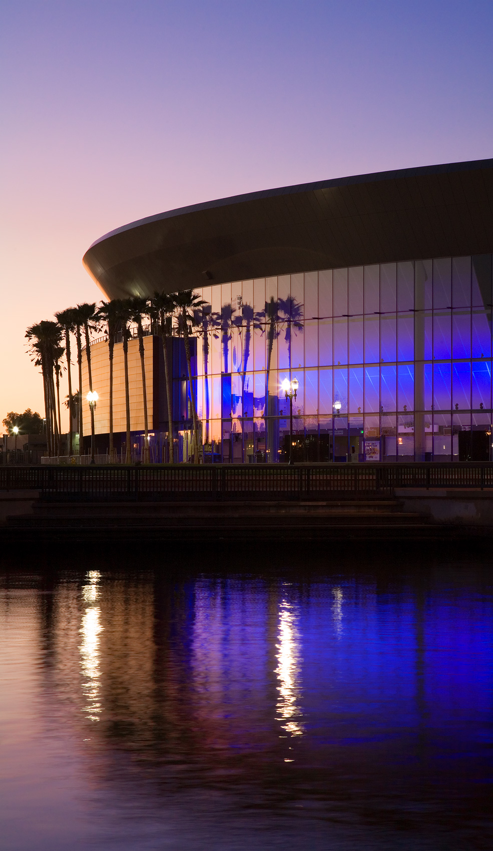 Twilight image of Stockton Arena with purple hues