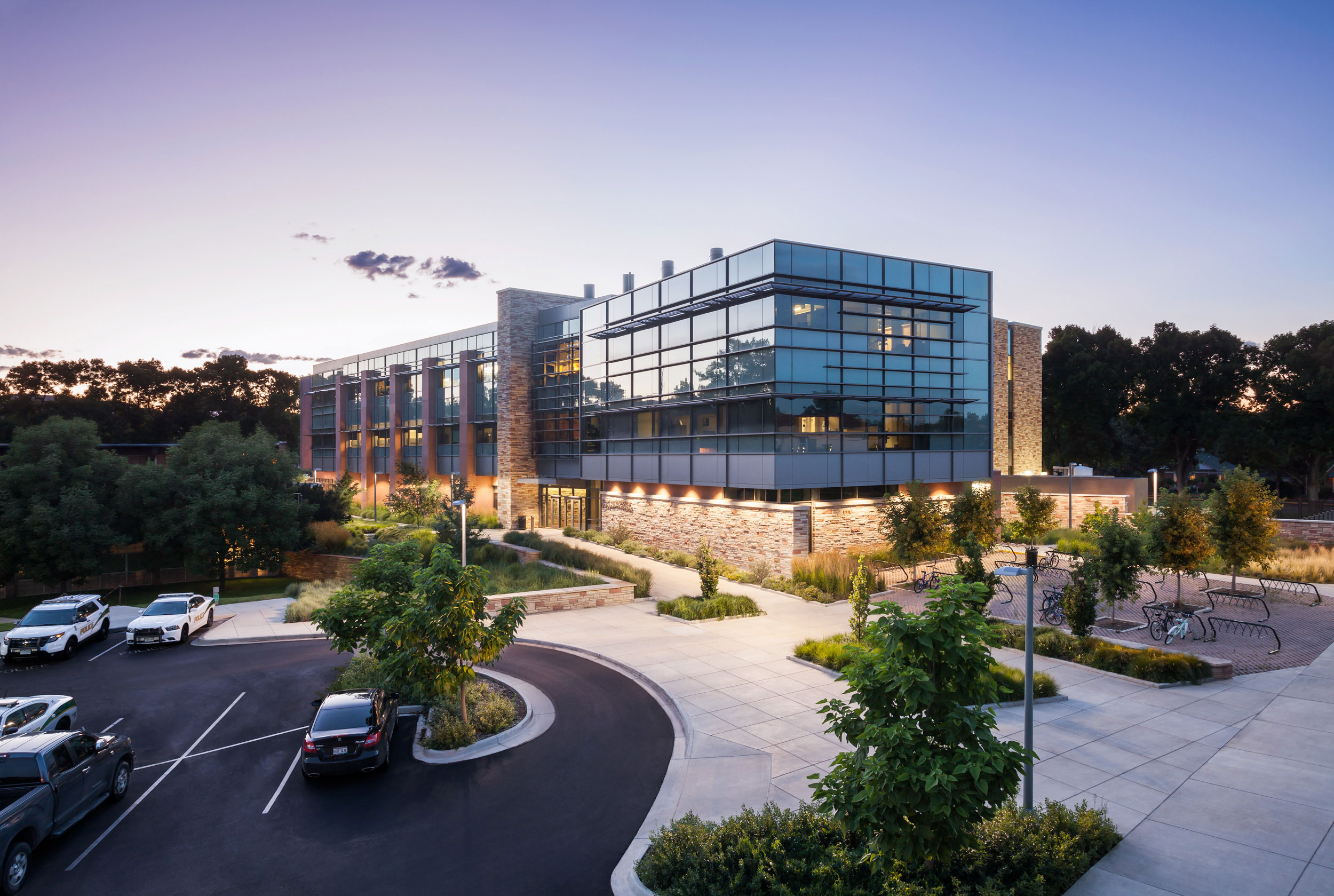Elevated twilight photos of Bioengineering Building at CSU
