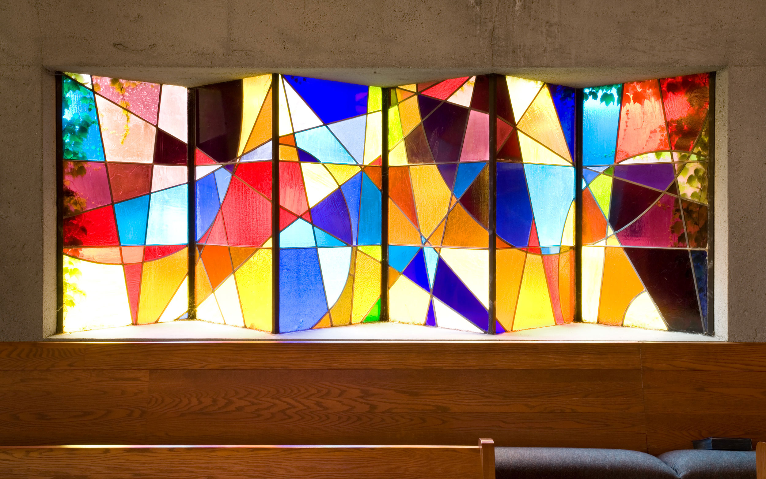 Geometric stained glass window in Santa Barbara church