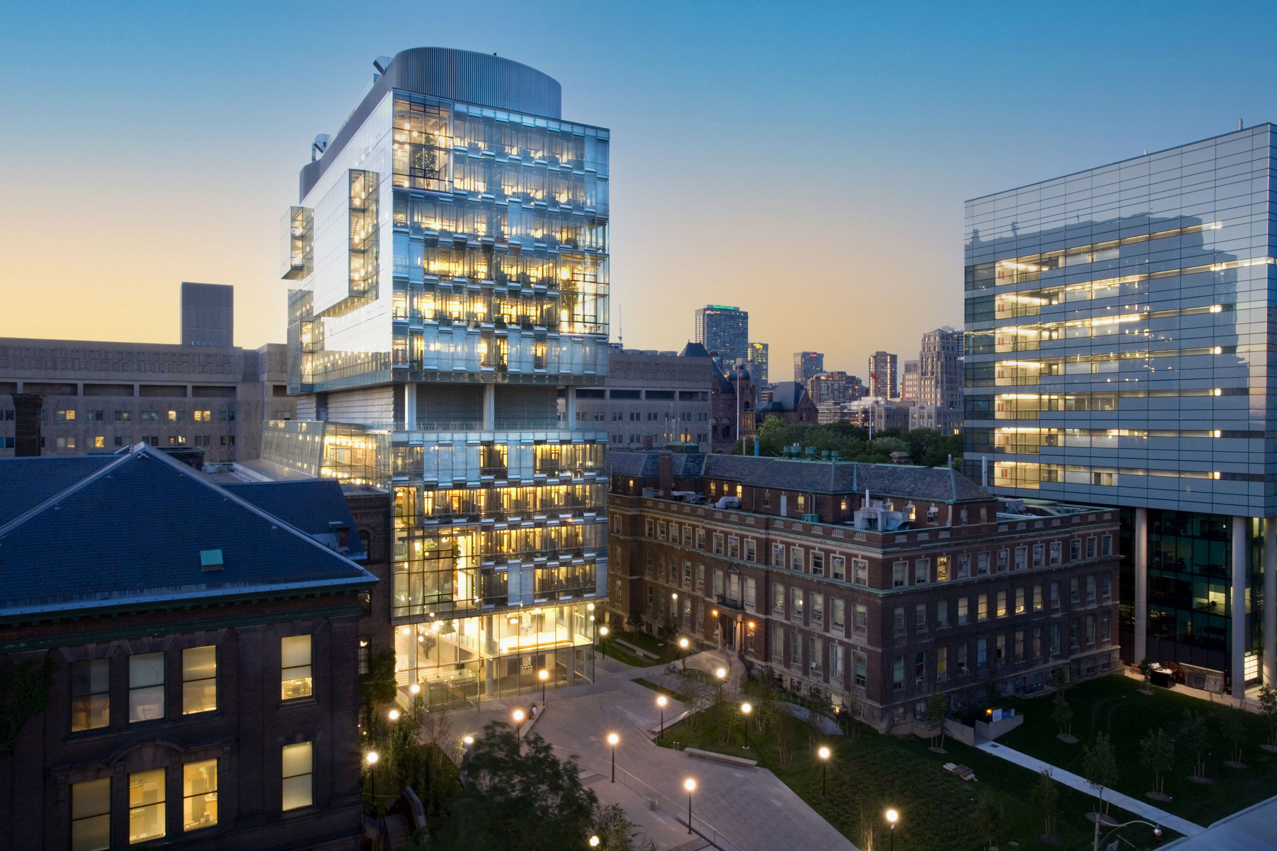 Twilight photo of skycraper of the Terrence Donnelly Centre