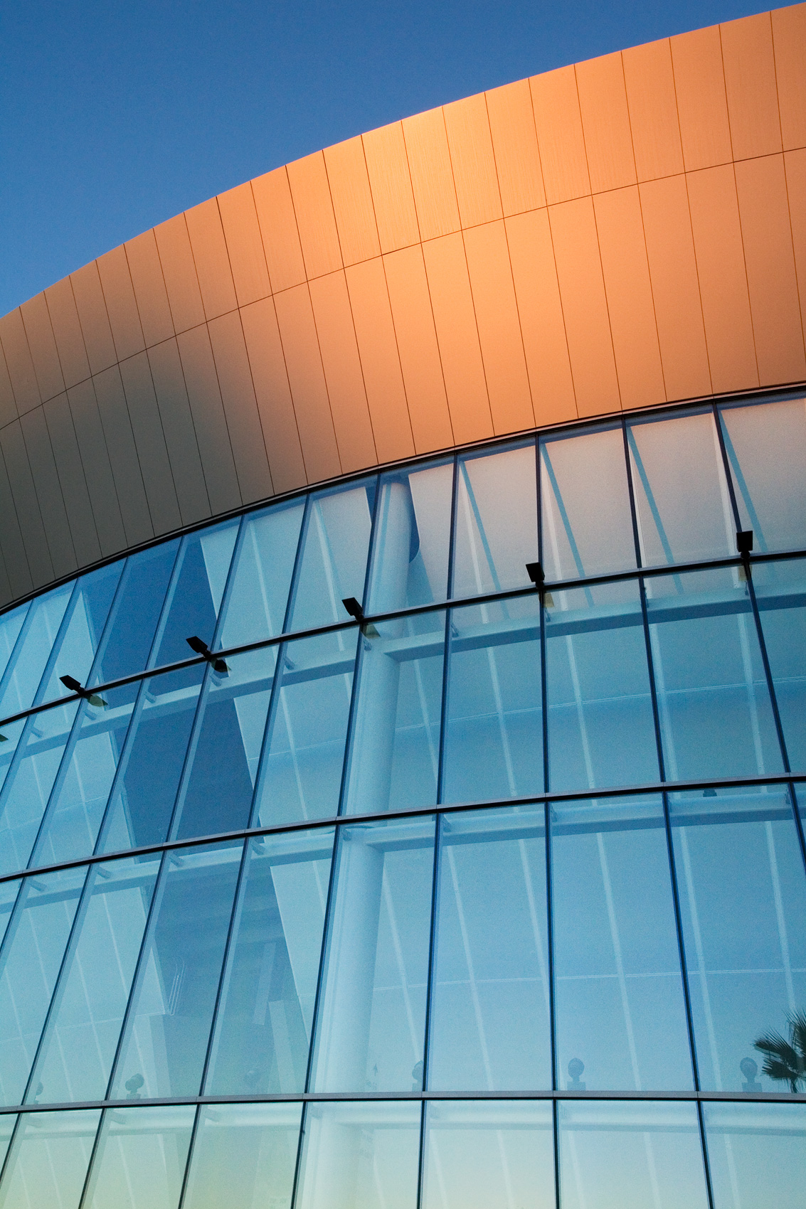 Detail reflection of the setting sun on Stockton Arena